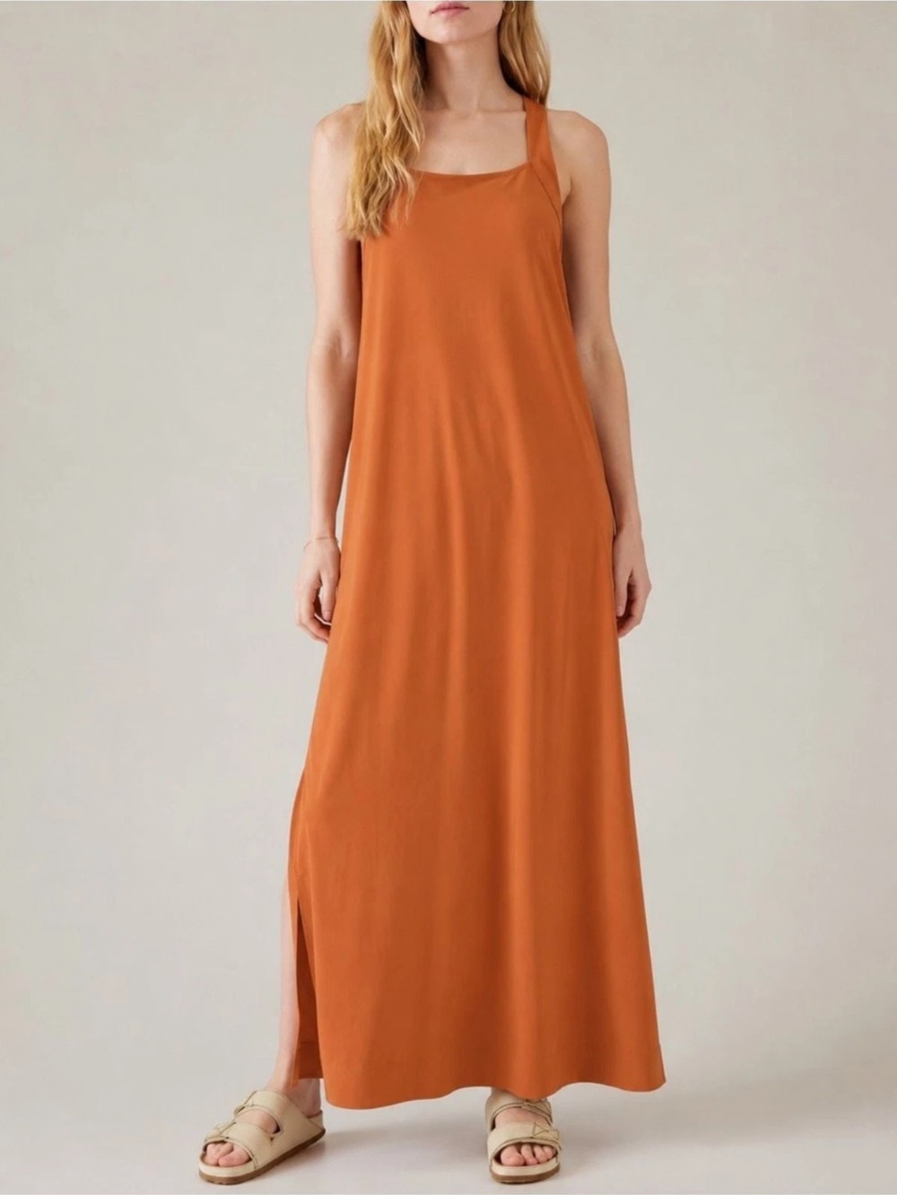 Athleta Arrival Maxi Dress Sunbaked Clay Featherweight Stretch Travel Pockets M
